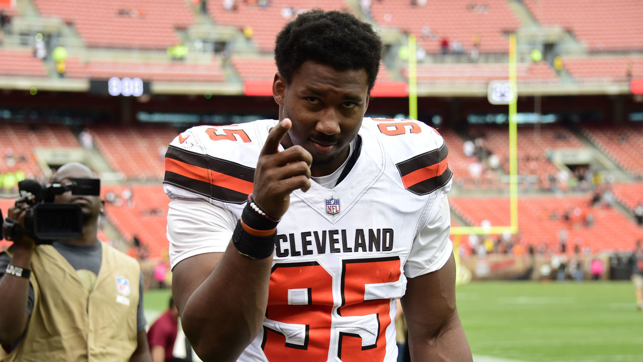 CLEVELAND, OH - OCTOBER 08: Myles Garrett #95 of the Cleveland Browns walks off the field at the end of the game against the New York Jets at FirstEnergy Stadium on October 8, 2017 in Cleveland, Ohio.