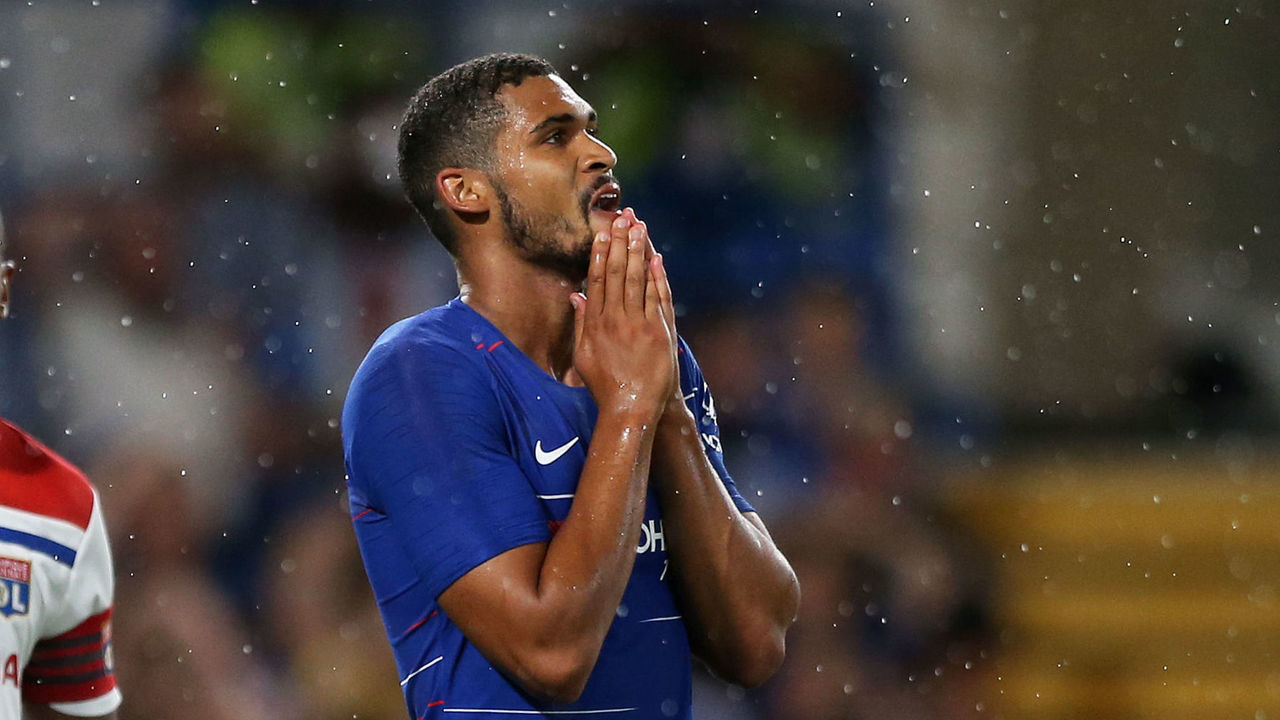 7th August 2018, Stamford Bridge, London, England; Pre Season football friendly, Chelsea versus Lyon; Ruben Loftus Cheek of Chelsea reacting disappointed after his chip over Goalkeeper Anthony Lopes of Lyon hits the post