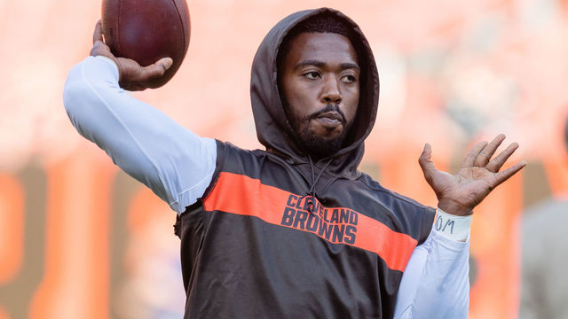 CLEVELAND, OH - AUGUST 23: Quarterback Tyrod Taylor #5 of the Cleveland Browns warms up prior to a preseason game at FirstEnergy Stadium on August 23, 2018 in Cleveland, Ohio.