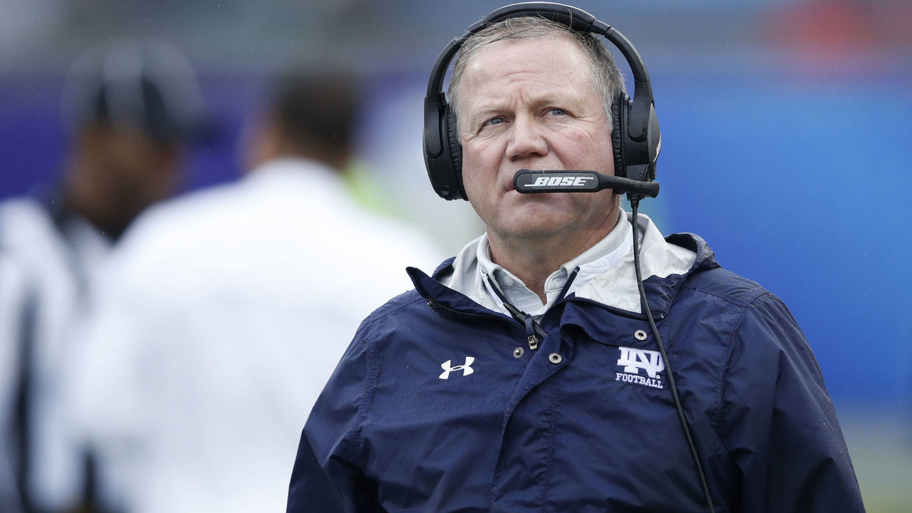 ORLANDO, FL - JANUARY 01: Head coach Brian Kelly of the Notre Dame Fighting Irish looks on against the LSU Tigers in the first half of the Citrus Bowl on January 1, 2018 in Orlando, Florida.
