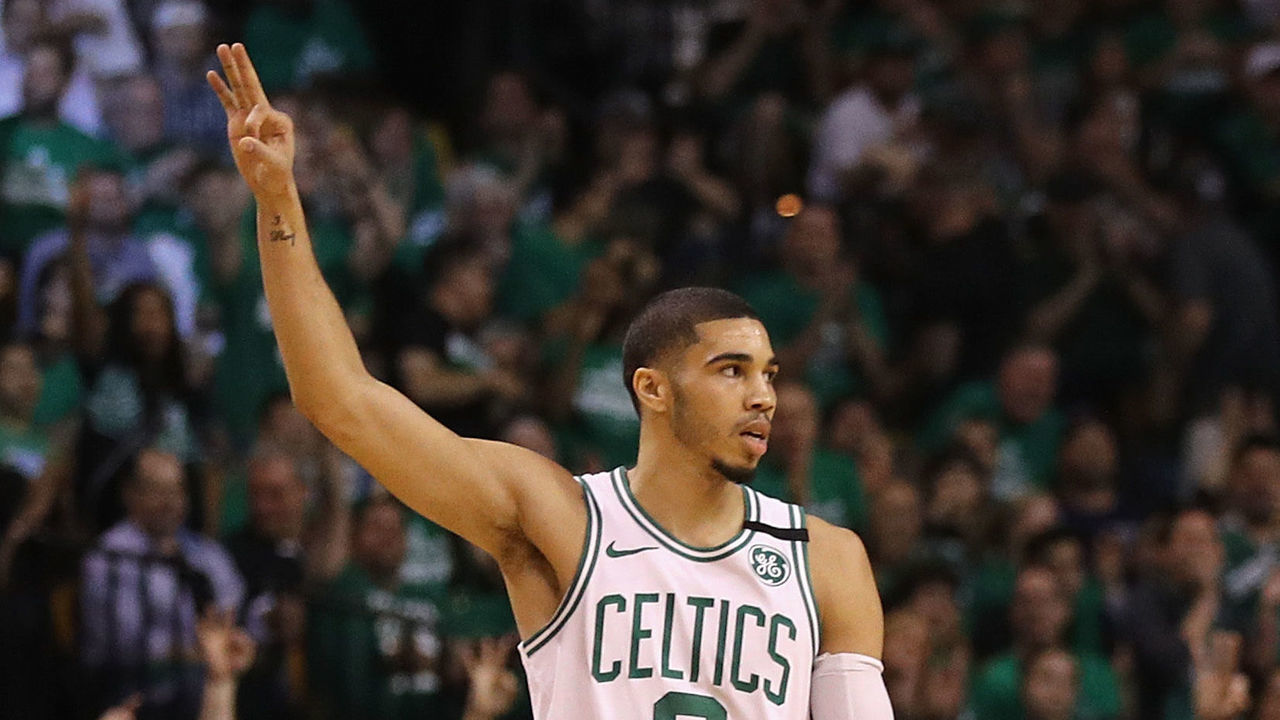 BOSTON, MA - MAY 23: Jayson Tatum #0 of the Boston Celtics gestures in the first half against the Cleveland Cavaliers during Game Five of the 2018 NBA Eastern Conference Finals at TD Garden on May 23, 2018 in Boston, Massachusetts.