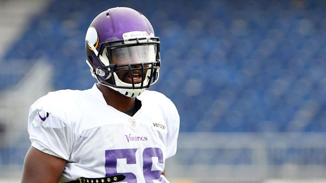EAGAN, MN - AUGUST 16: Minnesota Vikings Linebacker Antwione Williams (56) looks on during a joint practice between the Minnesota Vikings and Jacksonville Jaguars on August 16, 2018 at Twin Cities Orthopedics Performance Center in Eagan, MN.
