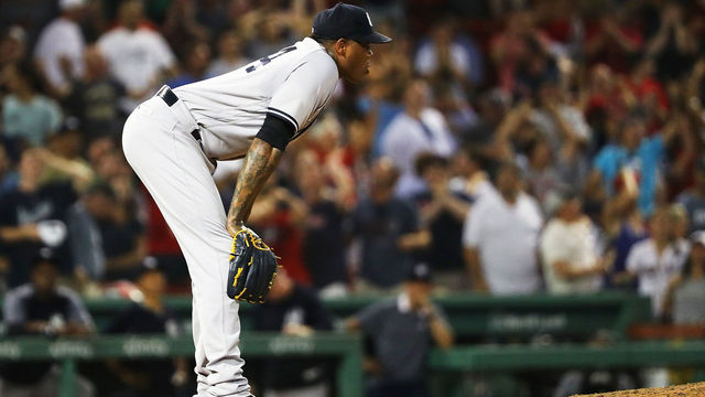 BOSTON, MA - AUGUST 05: Aroldis Chapman #54 of the New York Yankees reacts after Jackie Bradley Jr. #19 of the Boston Red Sox scores in the ninth inning tying up the game at Fenway Park on August 5, 2018 in Boston, Massachusetts.