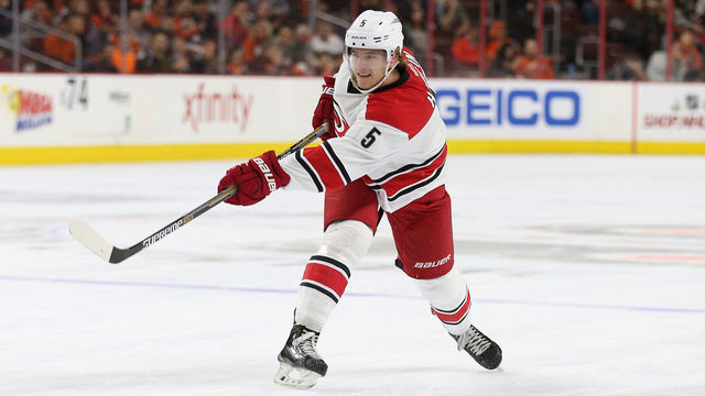PHILADELPHIA, PA - DECEMBER 15: Noah Hanifin #5 of the Carolina Hurricanes in action against the Philadelphia Flyers at Wells Fargo Center on December 15, 2015 in Philadelphia, Pennsylvania.