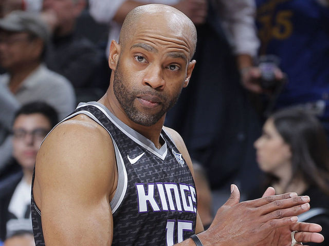 SACRAMENTO, CA - MARCH 31: Vince Carter #15 of the Sacramento Kings looks on during the game against the Golden State Warriors on March 31, 2018 at Golden 1 Center in Sacramento, California. NOTE TO USER: User expressly acknowledges and agrees that, by downloading and or using this photograph, User is consenting to the terms and conditions of the Getty Images Agreement. Mandatory Copyright Notice: Copyright 2018 NBAE