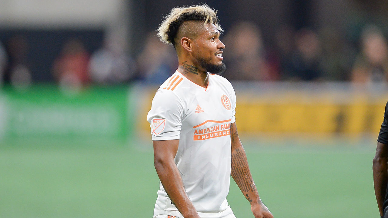 ATLANTA, GA AUGUST 19: Atlanta's Josef Martinez (7) smiles after missing a shot during the match between Atlanta United and Columbus Crew on August 19th, 2018 at Mercedes-Benz Stadium in Atlanta, GA. Atlanta United FC defeated Columbus Crew SC by a score of 3 - 1.