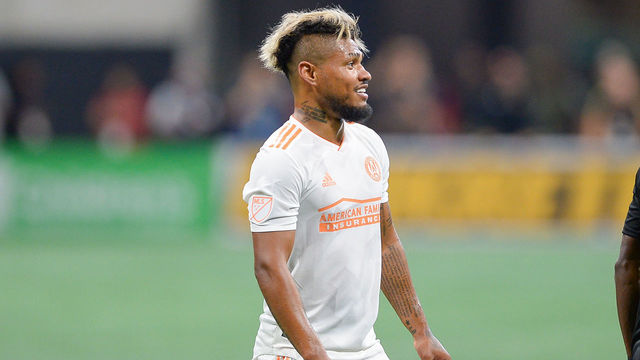ATLANTA, GA AUGUST 19: Atlanta's Josef Martinez (7) smiles after missing a shot during the match between Atlanta United and Columbus Crew on August 19th, 2018 at Mercedes-Benz Stadium in Atlanta, GA. Atlanta United FC defeated Columbus Crew SC by a score of 3 - 1.