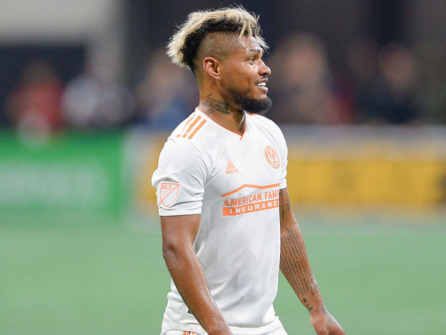 ATLANTA, GA AUGUST 19: Atlanta's Josef Martinez (7) smiles after missing a shot during the match between Atlanta United and Columbus Crew on August 19th, 2018 at Mercedes-Benz Stadium in Atlanta, GA. Atlanta United FC defeated Columbus Crew SC by a score of 3 - 1.
