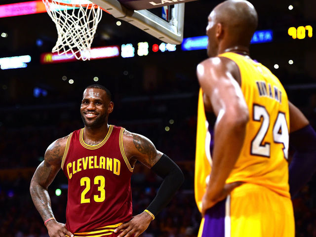 LOS ANGELES, CA - MARCH 10: LeBron James #23 of the Cleveland Cavaliers jokes with Kobe Bryant #24 of the Los Angeles Lakers during a 120-108 Cavaliers win at Staples Center on March 10, 2016 in Los Angeles, California. NOTE TO USER: User expressly acknowledges and agrees that, by downloading and or using this Photograph, user is consenting to the terms and condition of the Getty Images License Agreement.