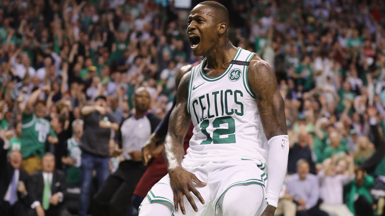 BOSTON, MA - MAY 15: Terry Rozier #12 of the Boston Celtics reacts after dunking the ball in the second half against the Cleveland Cavaliers during Game Two of the 2018 NBA Eastern Conference Finals at TD Garden on May 15, 2018 in Boston, Massachusetts.