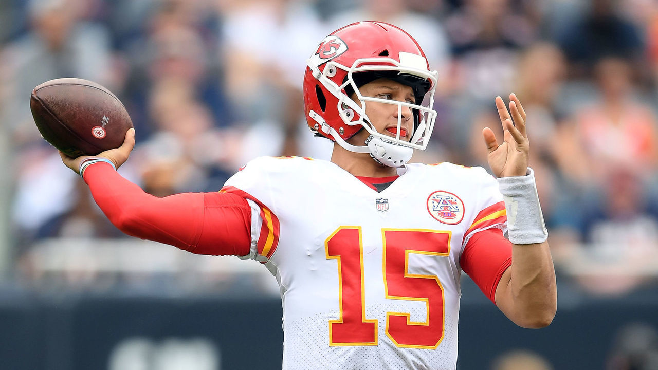 CHICAGO, IL - AUGUST 25: Kansas City Chiefs quarterback Patrick Mahomes (15) throws the football during game action in a preseason NFL game between the Kansas City Chiefs and the Chicago Bears on August 25, 2018 at Soldier Field in Chicago IL.