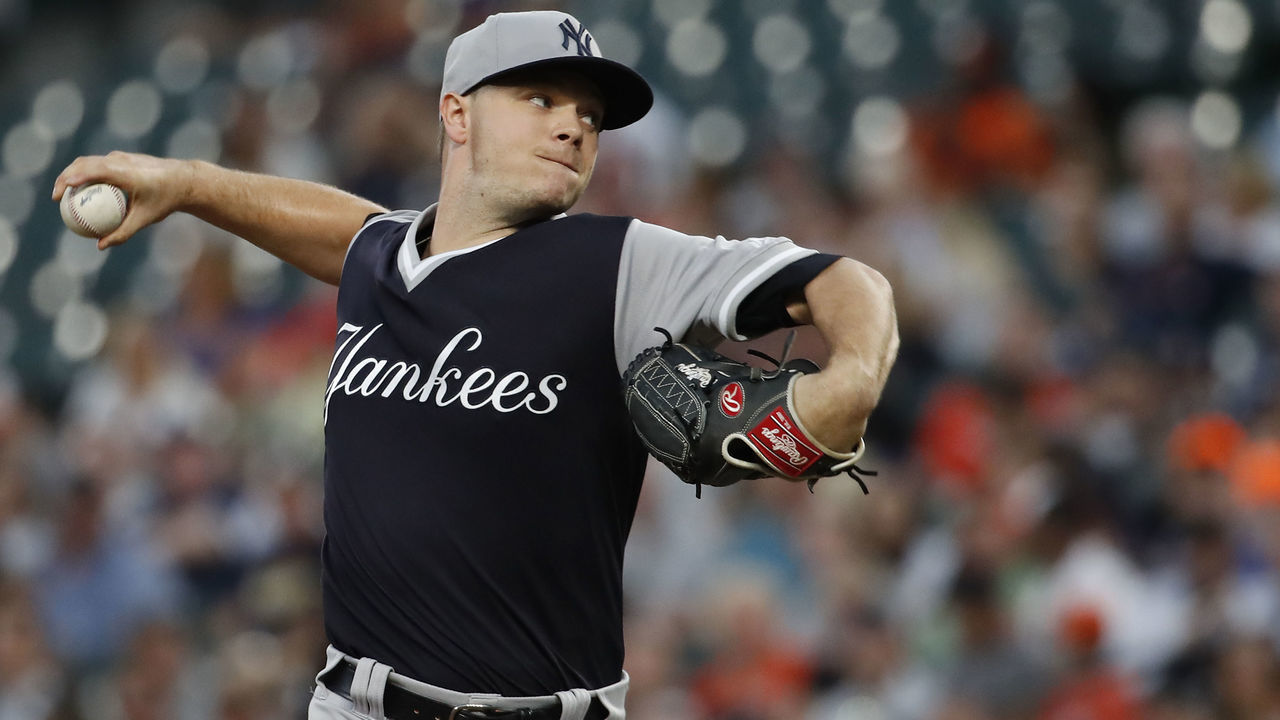 BALTIMORE, MD - AUGUST 25: Starting pitcher Sonny Gray #55 of the New York Yankees pitches in the second inning against the Baltimore Orioles during game two of a doubleheader at Oriole Park at Camden Yards on August 25, 2018 in Baltimore, Maryland.