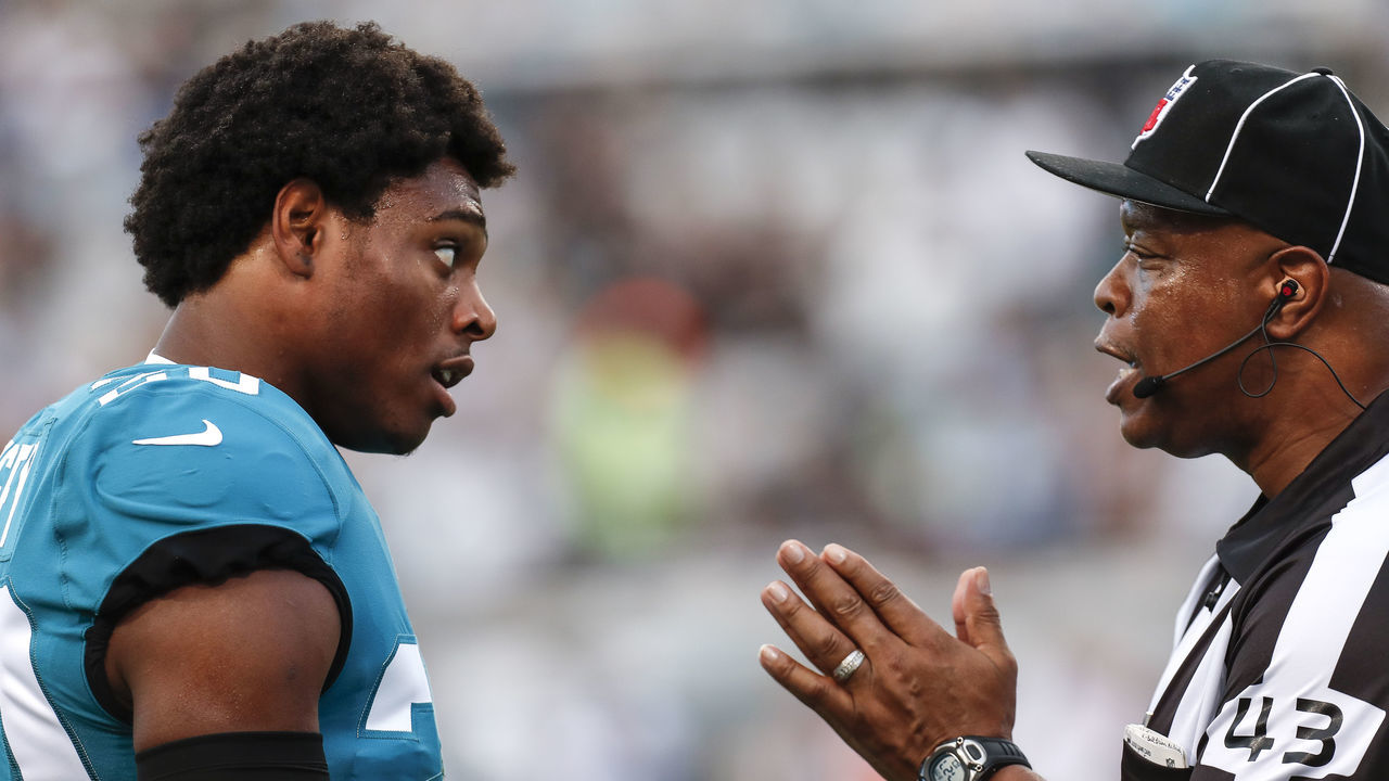JACKSONVILLE, FL - AUGUST 9: Cornerback Jalen Ramsey #20 of the Jacksonville Jaguars talks with Field Judge Terry Brown about a play during a preseason game against the New Orleans Saints at TIAA Bank Field on August 9, 2018 in Jacksonville, Florida. The Saints defeated the Jaguars 24 to 20.