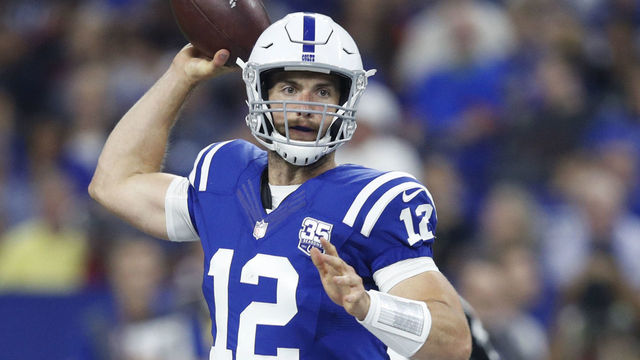 INDIANAPOLIS, IN - AUGUST 25: Andrew Luck #12 of the Indianapolis Colts looks to pass the ball against the San Francisco 49ers in the first quarter of a preseason game at Lucas Oil Stadium on August 25, 2018 in Indianapolis, Indiana.