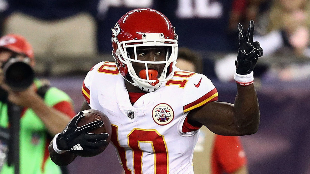 FOXBORO, MA - SEPTEMBER 07: Tyreek Hill #10 of the Kansas City Chiefs celebrates on his way to scoring a touchdown during the third quarter against the New England Patriots at Gillette Stadium on September 7, 2017 in Foxboro, Massachusetts.