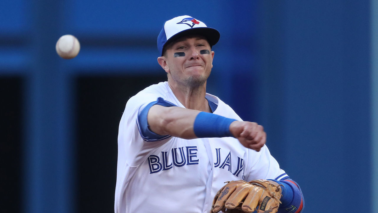 TORONTO, ON - JUNE 27: Troy Tulowitzki #2 of the Toronto Blue Jays throws out the baserunner in the third inning during MLB game action against the Baltimore Orioles at Rogers Centre on June 27, 2017 in Toronto, Canada.