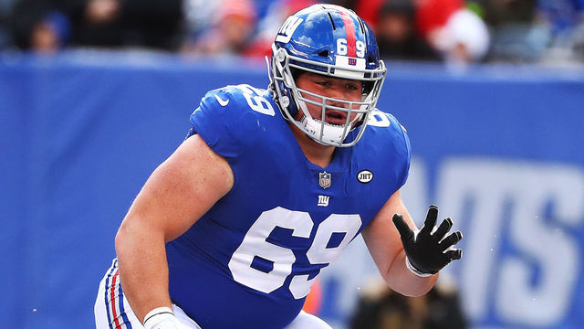 EAST RUTHERFORD, NJ - NOVEMBER 19: Brett Jones #69 of the New York Giants in action against the Kansas City Chiefs during their game at MetLife Stadium on November 19, 2017 in East Rutherford, New Jersey.