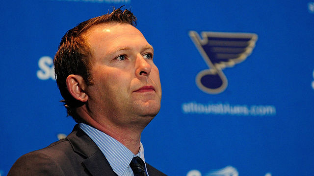 ST. LOUIS, MO - JANUARY 29: Martin Brodeur of the St. Louis Blues looks on at a press conference to announce his retirement at Scottrade Center on January 29, 2015 in St. Louis, Missouri.