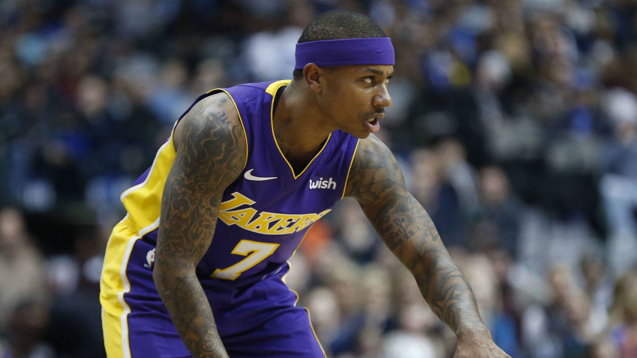 DALLAS, TX - FEBRUARY 10: Isaiah Thomas #7 of the Los Angeles Lakers brings the ball up the court as the Lakers play the Dallas Mavericks in the second half at American Airlines Center on February 10, 2018 in Dallas, Texas. The Mavericks won 130-123.