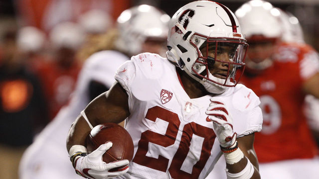 SALT LAKE CITY, UT - OCTOBER 7: running back Bryce Love (20) of the Stanford Cardinal runs the ball during the first half of an college football game against the Utah Utes on October 7, 2017 at Rice Eccles Stadium in Salt Lake City, Utah.