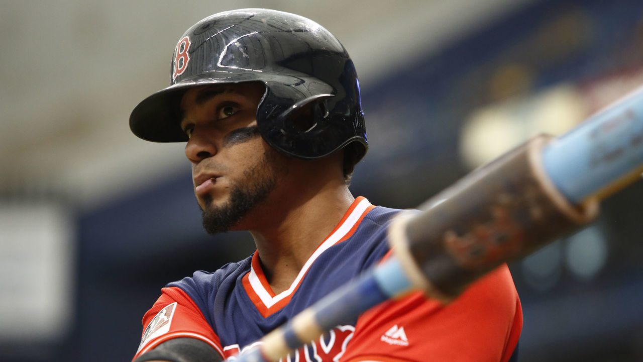 ST. PETERSBURG, FL - AUGUST 26: Xander Bogaerts #2 of the Boston Red Sox warms up in the on deck circle as he waits to bat during the sixth inning of a game against the Tampa Bay Rays on August 26, 2018 at Tropicana Field in St. Petersburg, Florida. All players across MLB will wear nicknames on their backs as well as colorful, non-traditional uniforms featuring alternate designs inspired by youth-league uniforms during Players Weekend.