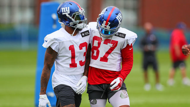 EAST RUTHERFORD, NJ - JULY 29: New York Giants wide receiver Odell Beckham (13) and New York Giants wide receiver Sterling Shepard (87) during 2017 New York Giants training camp on July 29, 2017, at Quest Diagnostics Center in East Rutherford, NJ.