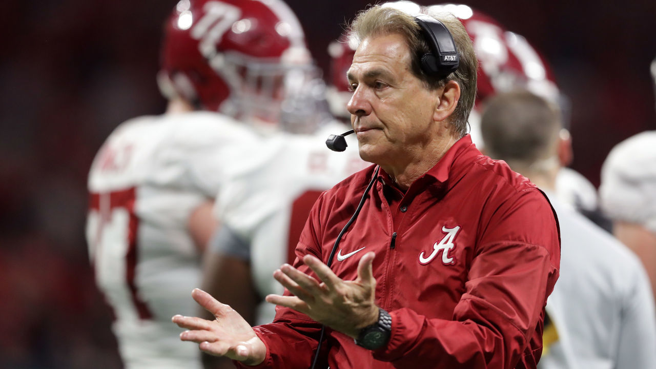 ATLANTA, GA - JANUARY 08: Head coach Nick Saban of the Alabama Crimson Tide reacts to a play during the second half against the Georgia Bulldogs in the CFP National Championship presented by AT&T at Mercedes-Benz Stadium on January 8, 2018 in Atlanta, Georgia.
