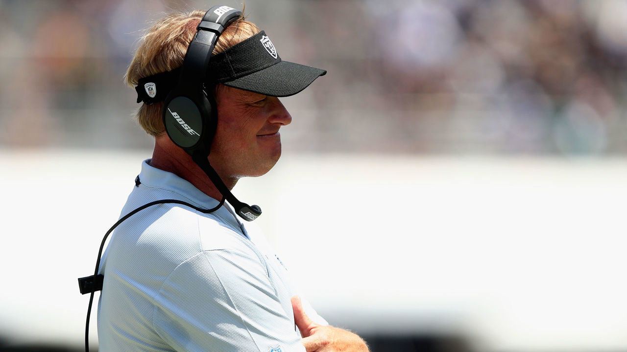 LOS ANGELES, CA - AUGUST 18: Head coach Jon Gruden of the Oakland Raiders coaches from the sideline during the first half of a preseason game against the Los Angeles Rams at Los Angeles Memorial Coliseum on August 18, 2018 in Los Angeles, California.