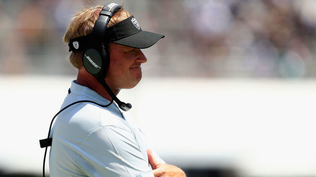 LOS ANGELES, CA - AUGUST 18: Head coach Jon Gruden of the Oakland Raiders coaches from the sideline during the first half of a preseason game against the Los Angeles Rams at Los Angeles Memorial Coliseum on August 18, 2018 in Los Angeles, California.