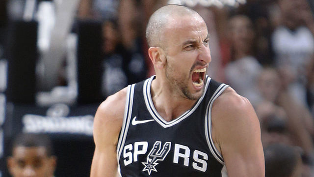SAN ANTONIO,TX - APRIL 22 : Manu Ginobili #20 of the San Antonio Spurs reacts after hitting a three-point shot late in fourth quarter against the Golden State Warriors in Game Four of Round One of the 2018 NBA Playoffs at AT&T Center on April 22 , 2018 in San Antonio, Texas. NOTE TO USER: User expressly acknowledges and agrees that , by downloading and or using this photograph, User is consenting to the terms and conditions of the Getty Images License Agreement.