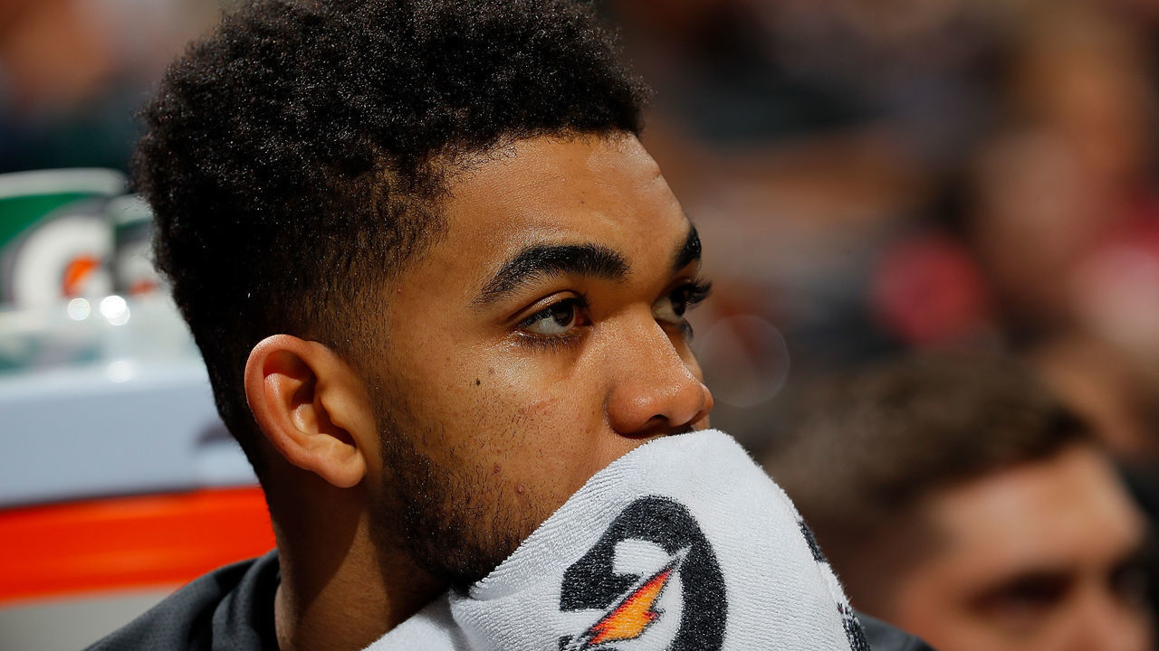 ATLANTA, GA - JANUARY 29: Karl-Anthony Towns #32 of the Minnesota Timberwolves looks on during the game against the Atlanta Hawks at Philips Arena on January 29, 2018 in Atlanta, Georgia.