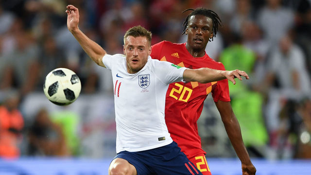 England's forward Jamie Vardy (L) vies with Belgium's defender Dedryck Boyata during the Russia 2018 World Cup Group G football match between England and Belgium at the Kaliningrad Stadium in Kaliningrad on June 28, 2018.