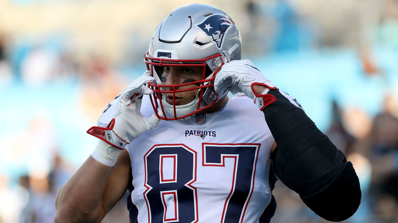 CHARLOTTE, NC - AUGUST 24: Rob Gronkowski #87 of the New England Patriots warms up before their game against the Carolina Panthers at Bank of America Stadium on August 24, 2018 in Charlotte, North Carolina.