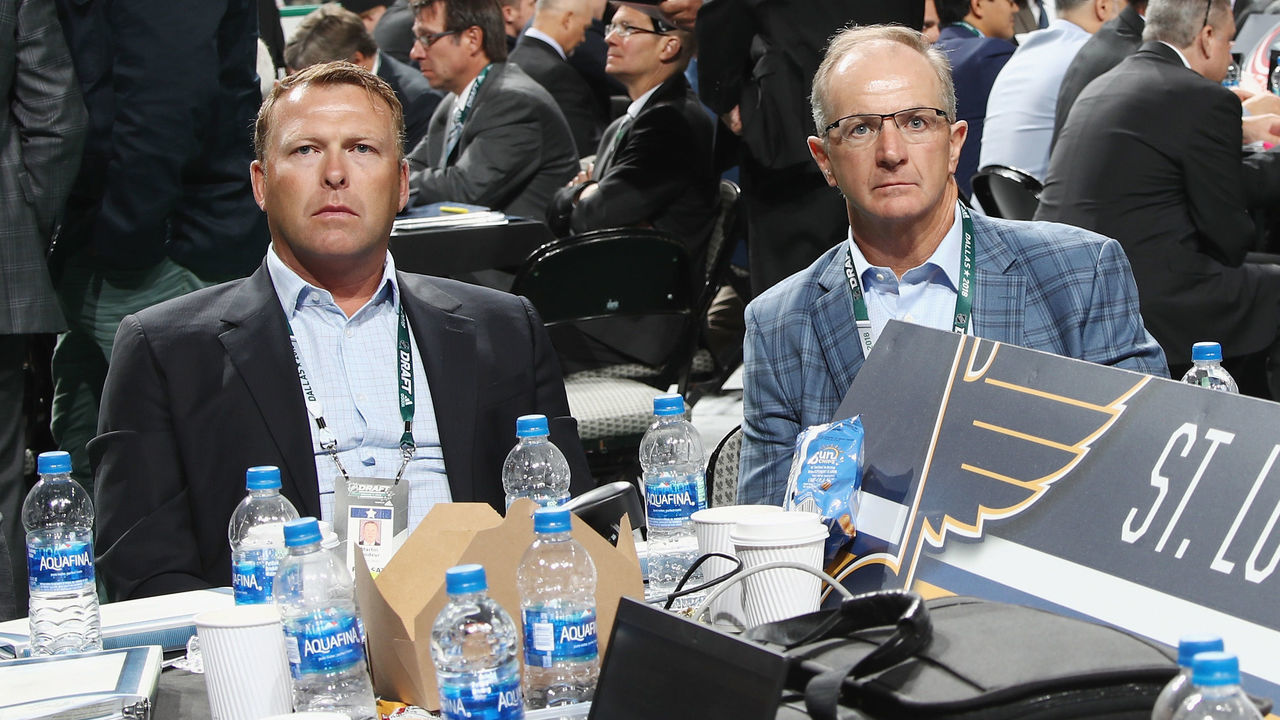 DALLAS, TX - JUNE 23: (l-r) Martin Brodeur and Al MacInnis of the St. Louis Blues attend the 2018 NHL Draft at American Airlines Center on June 23, 2018 in Dallas, Texas.