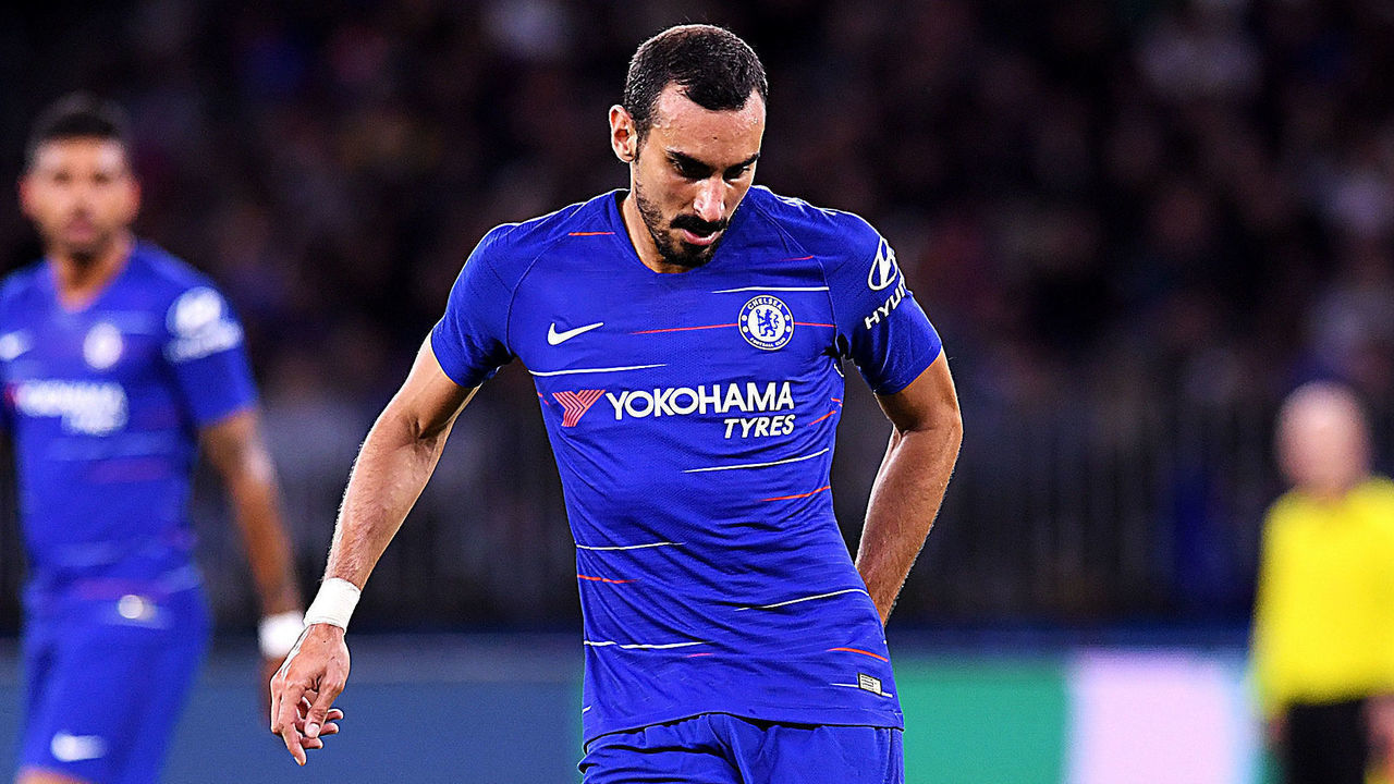 PERTH, AUSTRALIA - JULY 23: Davide Zappacosta of Chelsea passes the ball during the international friendly between Chelsea FC and Perth Glory at Optus Stadium on July 23, 2018 in Perth, Australia.