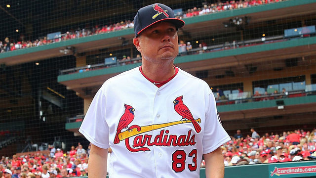 ST. LOUIS, MO - JULY 15: Interim manager Mike Shildt #83 of the St. Louis Cardinals takes the field to present his line-up card prior to a game against the Cincinnati Reds at Busch Stadium on July 15, 2018 in St. Louis, Missouri.