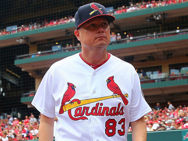 ST. LOUIS, MO - JULY 15: Interim manager Mike Shildt #83 of the St. Louis Cardinals takes the field to present his line-up card prior to a game against the Cincinnati Reds at Busch Stadium on July 15, 2018 in St. Louis, Missouri.
