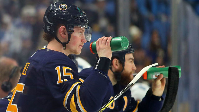 BUFFALO, NY - JANUARY 9: Jack Eichel #15 and Ryan O'Reilly #90 of the Buffalo Sabres in play against the Winnipeg Jets at the KeyBank Center on January 9, 2018 in Buffalo, New York. The Jets beat the Sabres 7-4.