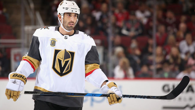 GLENDALE, AZ - OCTOBER 07: Jason Garrison #7 of the Vegas Golden Knights during the first period of the NHL game against the Arizona Coyotes at Gila River Arena on October 7, 2017 in Glendale, Arizona.