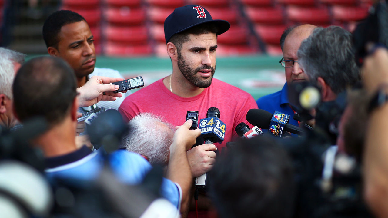 BOSTON, MA - AUGUST 28: J.D. Martinez #28 of the Boston Red Sox addresses the media before a game against the Miami Marlins at Fenway Park on August 28, 2018 in Boston, Massachusetts.