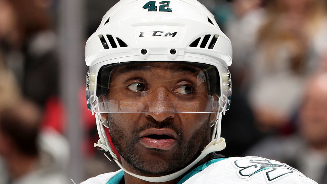 DENVER, CO - JANUARY 18: Joel Ward #42 of the San Jose Sharks plays the Colorado Avalanche at the Pepsi Center on January 18, 2018 in Denver, Colorado.