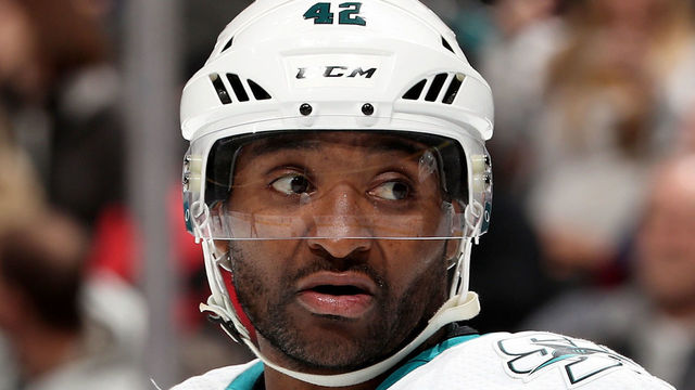 DENVER, CO - JANUARY 18: Joel Ward #42 of the San Jose Sharks plays the Colorado Avalanche at the Pepsi Center on January 18, 2018 in Denver, Colorado.