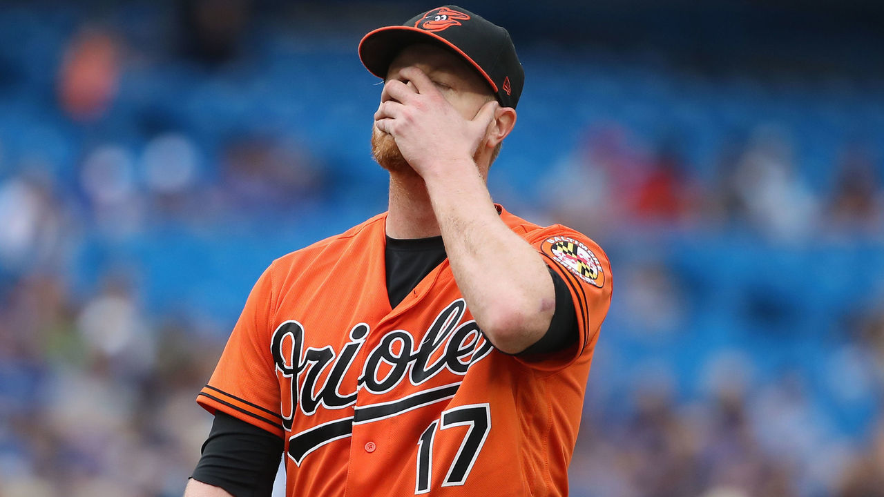 TORONTO, ON - JULY 21: Alex Cobb #17 of the Baltimore Orioles reacts as he walks off the mound at the end of the fifth inning after he balked in a run during MLB game action against the Toronto Blue Jays at Rogers Centre on July 21, 2018 in Toronto, Canada.