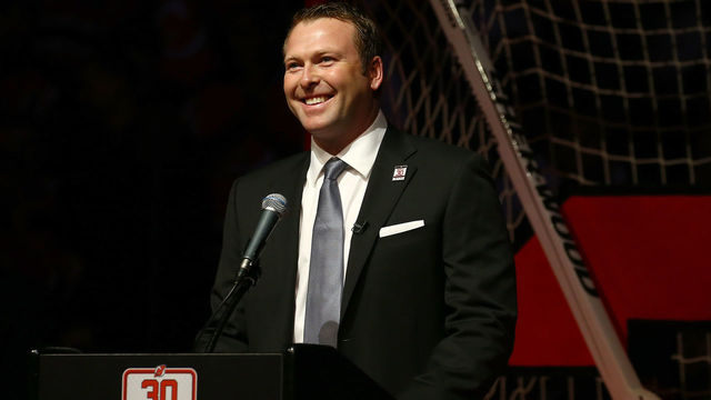 NEWARK, NJ - FEBRUARY 09: Former New Jersey Devils goaltender Martin Brodeur addresses the fans during his jersey retirement ceremony before the game between the New Jersey Devils and the Edmonton Oilers on 9, 2016 at Prudential Center in Newark, New Jersey.