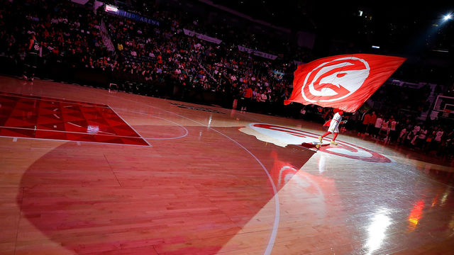 ATLANTA, GA - NOVEMBER 06: Harry the Hawk waves a flag prior to player introductions for the Atlanta Hawks against the Boston Celtics at Philips Arena on November 6, 2017 in Atlanta, Georgia.