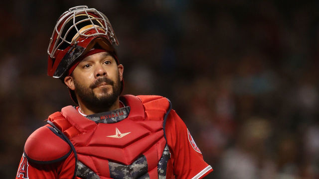 PHOENIX, AZ - AUGUST 22: Catcher Rene Rivera #44 of the Los Angeles Angels during the MLB game against the Arizona Diamondbacks at Chase Field on August 22, 2018 in Phoenix, Arizona. The Diamondbacks defeated the Angels 5-1.