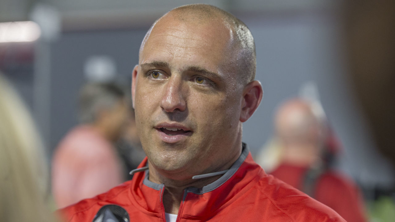 August 16 2015: Coach Zach Smith talking to the media during the Ohio State Football Media Day at the Woody Hayes Athletic Center in Columbus, Ohio.