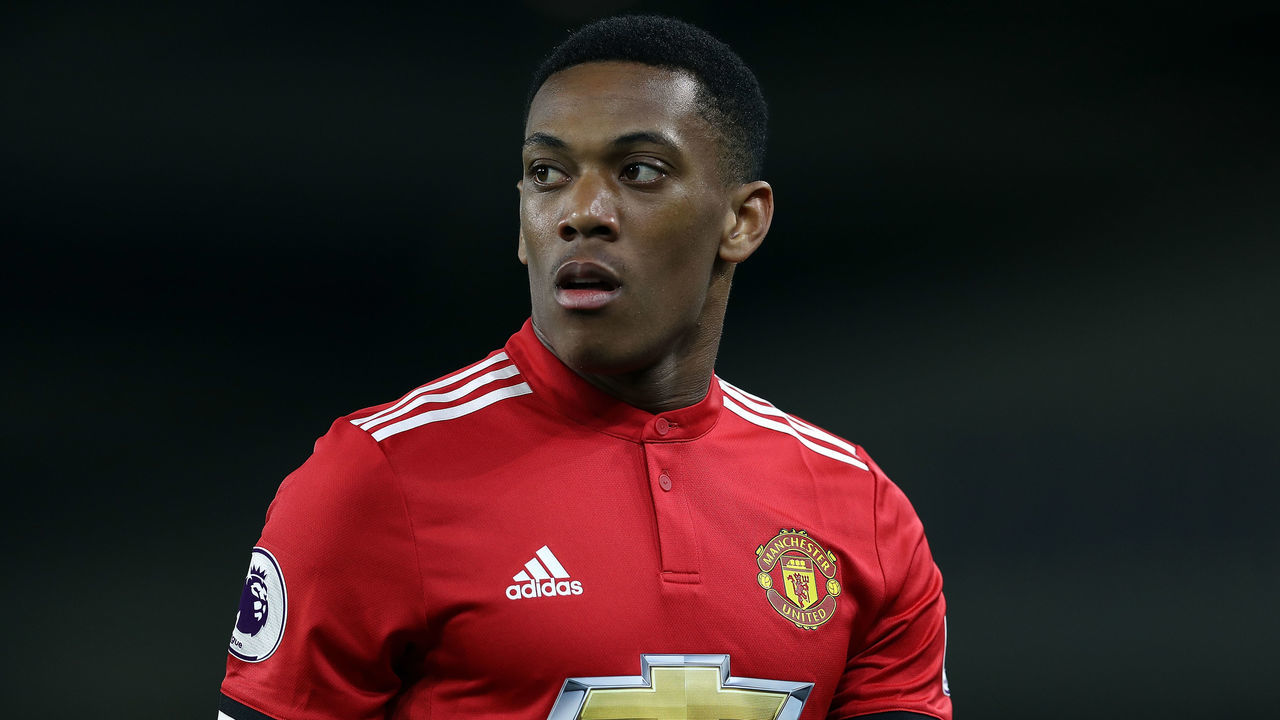 BRIGHTON, ENGLAND - MAY 04: Anthony Martial of Manchester United in action during the Premier League match between Brighton and Hove Albion and Manchester United at Amex Stadium on May 4, 2018 in Brighton, England.