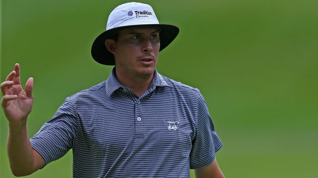 OAKVILLE, ON - JULY 26: Joel Dahmen reacts to his putt on the ninth green during the first round at the RBC Canadian Open at Glen Abbey Golf Club on July 26, 2018 in Oakville, Canada.