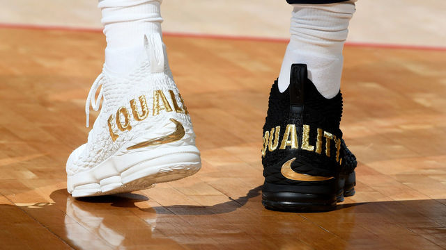 WASHINGTON, DC - DECEMBER 17: LeBron James #23 of the Cleveland Cavaliers wears Nike shoes before the game against the Washington Wizards at Capital One Arena on December 17, 2017 in Washington, DC.